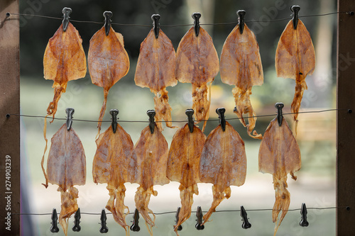 Dried squid Hanging on the rail to wait for the Thai style grill