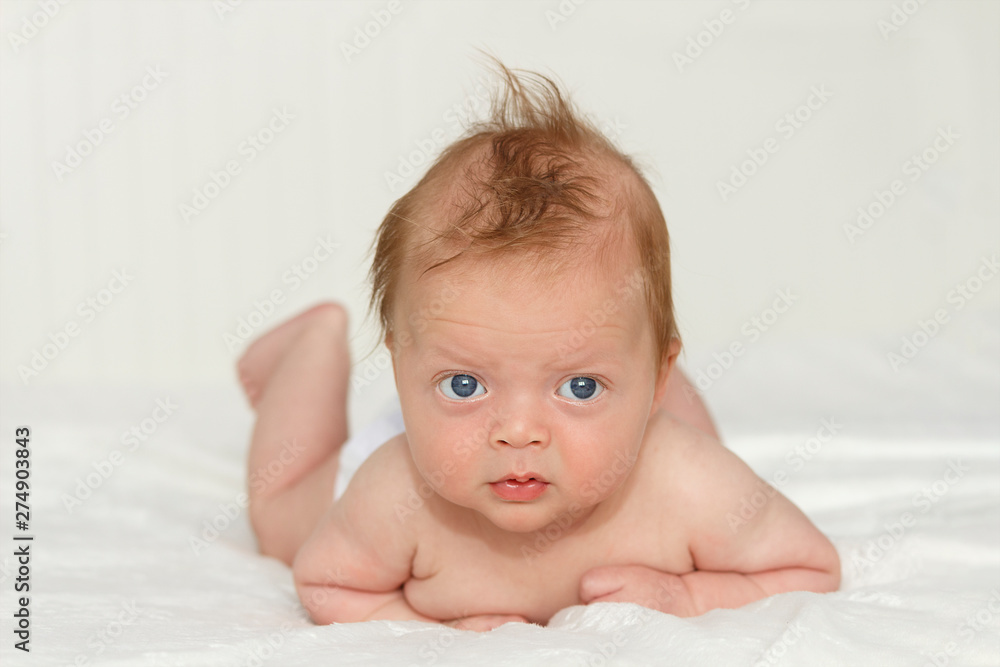 Beautiful and sweet newborn baby lying face down on the bed raising his head to look at the camera curiously Beautiful and sweet newborn baby lying face down on the bed raising his head to look at the camera curiously