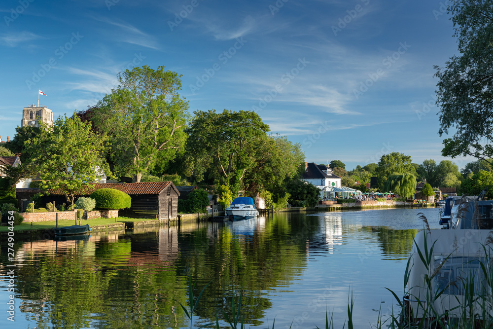 BECCLES, UNITED KINGDOM - JUNE 22, 2019: View towards the Waveney House Hotel situated on the banks of the River Waveney in the picturesque market town of Beccles.