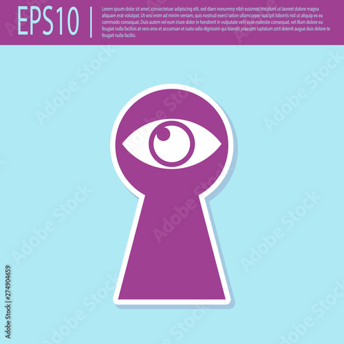 Retro purple Keyhole with eye icon isolated on turquoise background. The eye looks into the keyhole. Keyhole eye hole. Vector Illustration