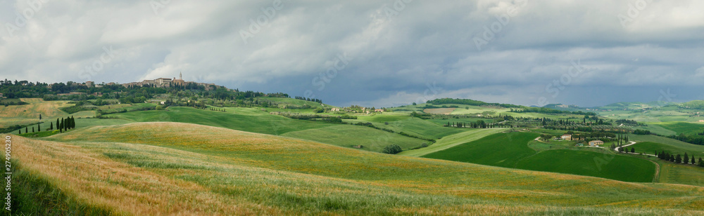 Panorama of Tuscan field and town of Pienza Panorama of Tuscan field and town of Pienza
