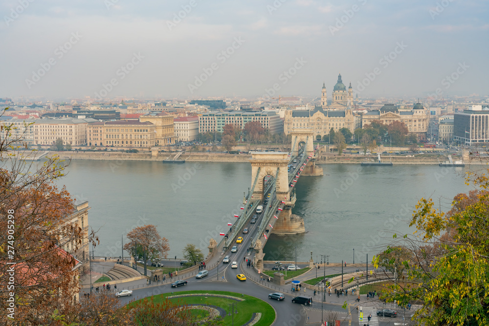 Afternoon aerial view of the famous Széchenyi Chain Bridge