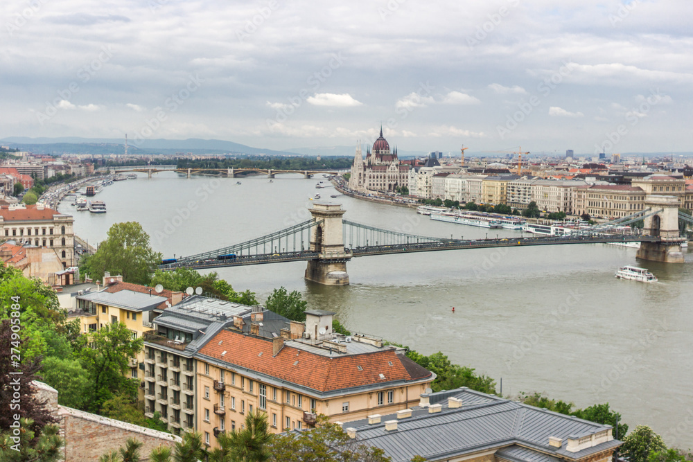 The capital of Hungary. View overlooking the town. Cityscape of Budapest. Panorama of the metropolis. European city. The architecture of the old city. Europe travel guide.