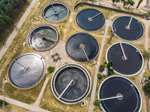 Modern urban wastewater and sewage treatment plant, aerial top view