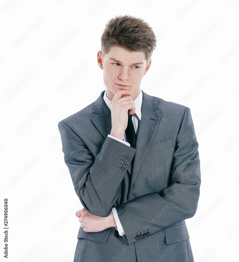 Pensive man props head with hand, isolated on white Pensive man props head with hand, isolated on white
