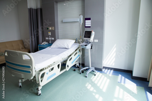 Recovery Room with beds and comfortable medical. Interior of an empty hospital room.