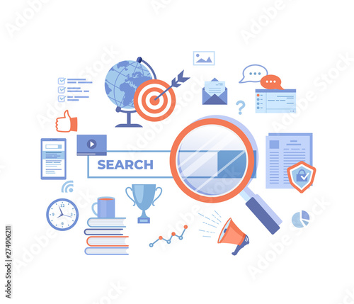 Web search technology, Search engine, SEO, Data finding. Search bar with result elements. Web banner, infographics. Vector illustration on white background.