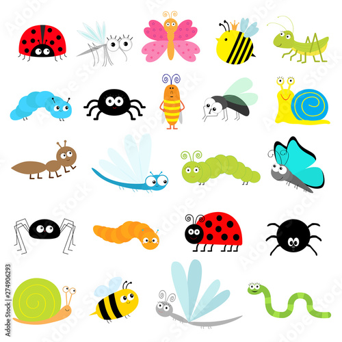 Insect icon set. Lady bug Mosquito Butterfly Bee Grasshopper Beetle Caterpillar Spider Cockroach Fly Snail Dragonfly Ant Lady bird Worm. Cute cartoon kawaii funny doodle character. Flat design.