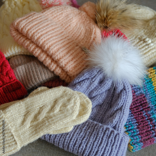 Fototapeta Naklejka Na Ścianę i Meble -  Close shot of cold weather winter handmade knitting clothes