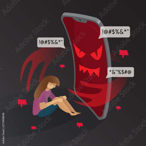 .cyber bullying phone devil with sad girl background graphic vector illustrations