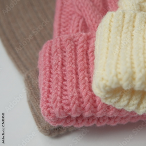 Close shot of cold weather winter handmade knitting clothes