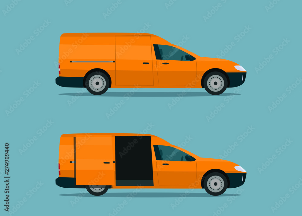 Compact cargo van with open cargo door. Сargo van with side view. Vector flat style illustration.