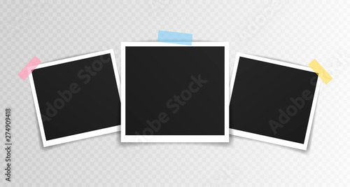Vector Photo frame mockup design. Photo frame on sticky tape isolated on transparent background. Vector illustration