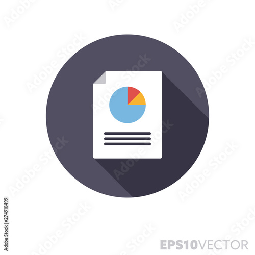 Document with pie chart flat design long shdow color vector icon