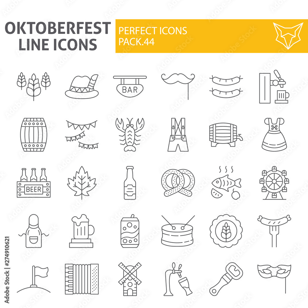 Oktoberfest thin line icon set, bavarian holiday symbols collection, vector sketches, logo illustrations, beer signs linear pictograms package isolated on white background.