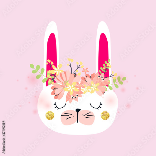 Hand drawn vector illustration of cute romantic bunny girl, can be used for kid's or baby's shirt design, fashion print design.