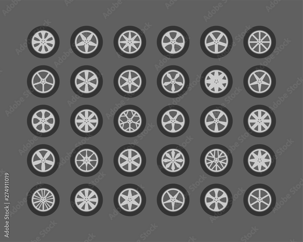 Set tires and wheels. Disc wheel car icon vector. Set tires and wheels. Disc wheel car icon vector.