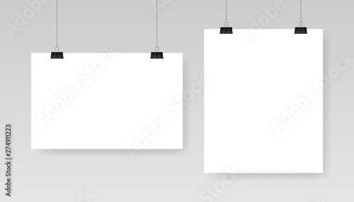 Blank white poster template. Affiche, paper sheet hanging on a clip. Vector advertising banner mockup stand exhibit