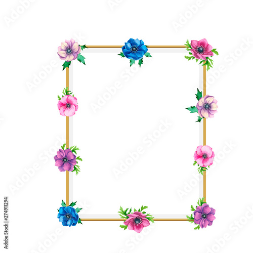 Square gold frame from flowers and leaves of the anemone. Hand-drawn watercolor illustration. Isolated object on white background.