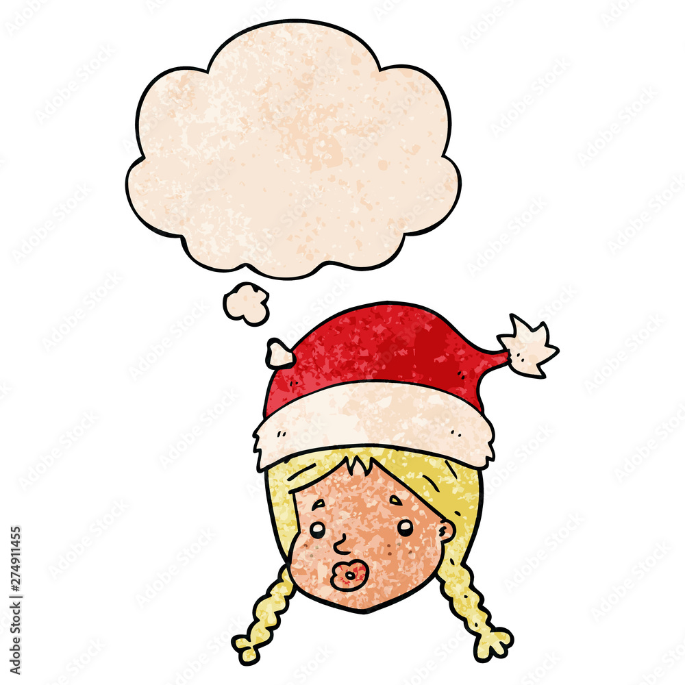 cartoon girl wearing christmas hat and thought bubble in grunge texture pattern style cartoon girl wearing christmas hat and thought bubble in grunge texture pattern style