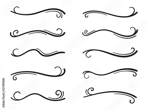 Hand drawn collection of curly swishes, swashes, swoops. Calligraphy swirl. Highlight text elements