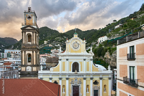 Medieval church with bell tower in Minori town in Italy