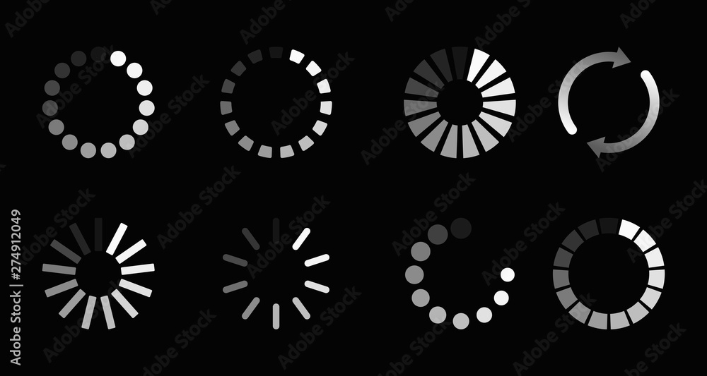 Super set different load icon. Circle website buffer loader or preloader. Download or upload status icon Super set different load icon. Circle website buffer loader or preloader. Download or upload status icon