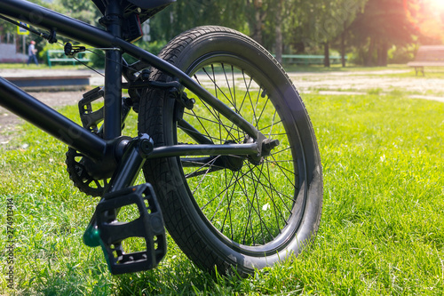 A bicycle and its rear wheel are standing on a green lawn on a bright and sunny, spring day