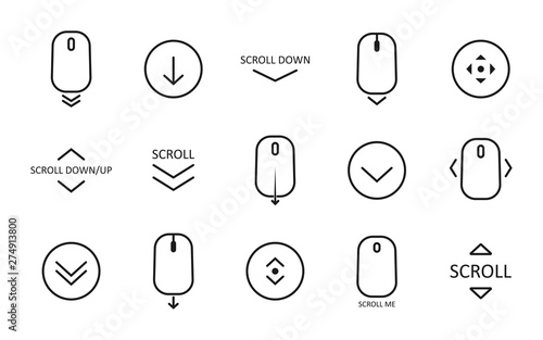Scroll down icon. Scrolling mouse symbol for web design isolated on white background. Modern vector illustration