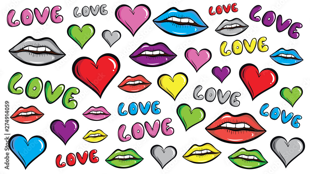 Colorful lips, hearts and love