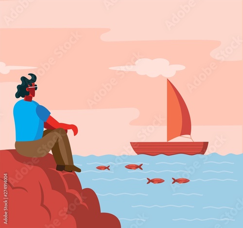 man sitting at sea shore backside watching ship