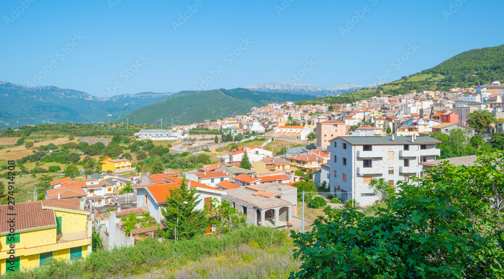 View of the colorful town of Oliena on a hill in Sardinia in sunlight in spring