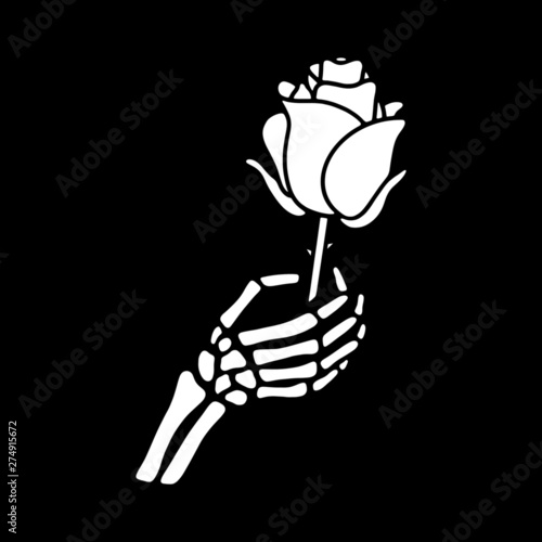 Rose flower and hand skeleton black background