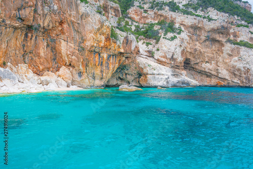 Rocky coast of the island of Sardinia in the Mediterranean Sea viewed from a boat