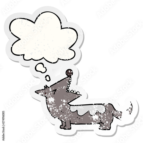 cartoon dog and thought bubble as a distressed worn sticker