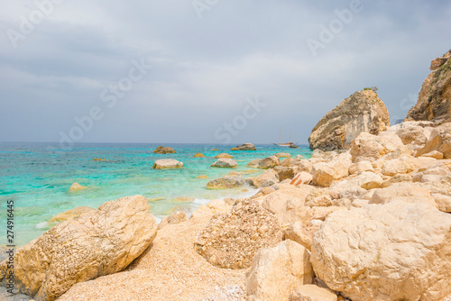 Beaches of the island of Sardinia in the Mediterranean Sea in sunlight in spring