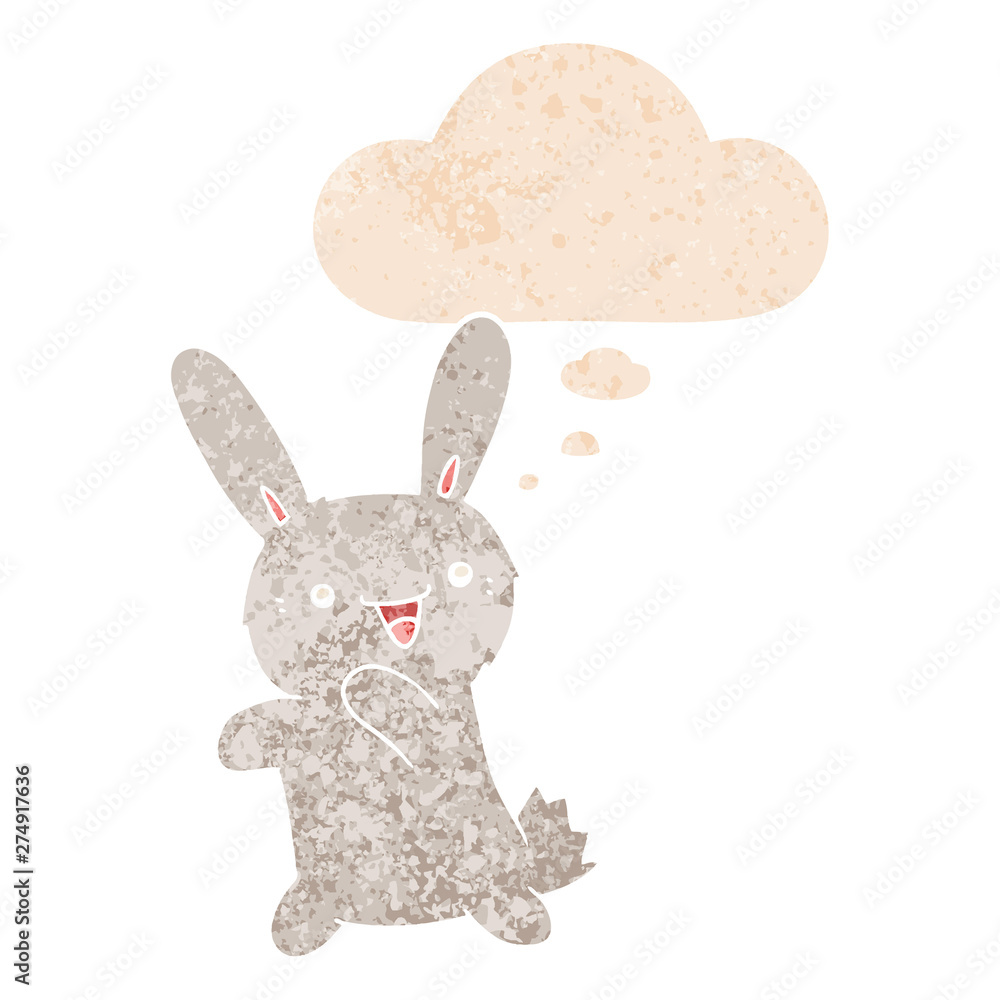 cartoon rabbit and thought bubble in retro textured style