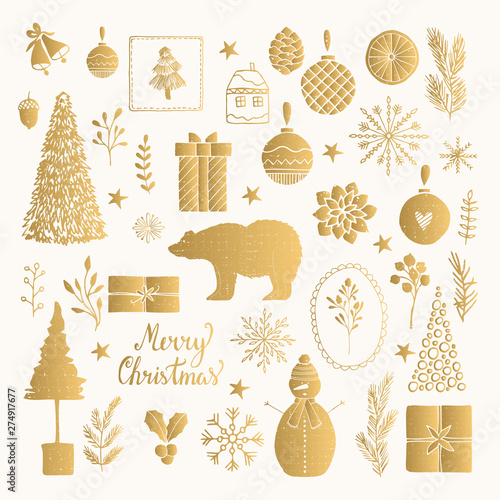 Set of golden Christmas illustrations. Vector sticker design. Holiday fancy elements. Isolated illustration.