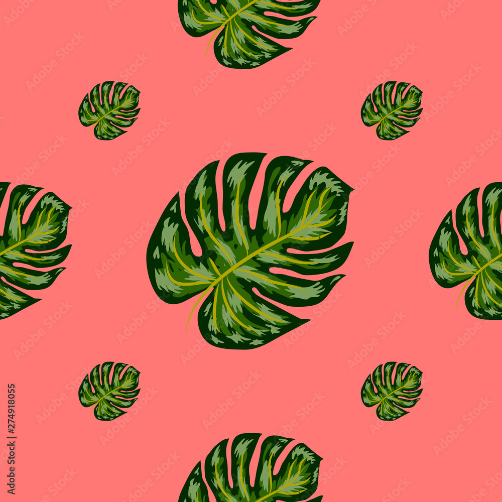 Tropical Pattern. Seamless Texture with Bright Hand Drawn Leaves of Monstera. Tropical Pattern. Seamless Texture with Bright Hand Drawn Leaves of Monstera.