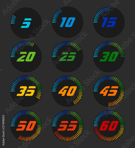 Set of timers. Full rotation arrow timer diagram from 5 second or minutes to 60. Colored flat icons. Modern vector illustration flat style