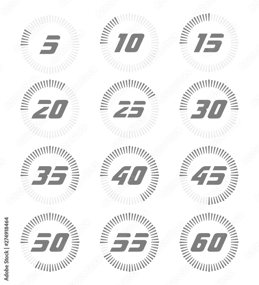Set of timers. Full rotation arrow timer diagram from 5 second or