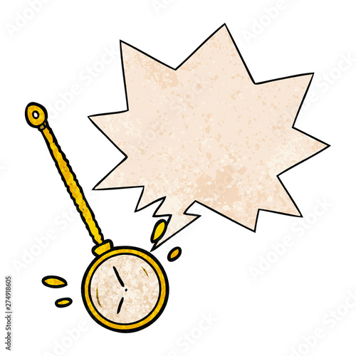 cartoon swinging gold hypnotist watch and speech bubble in retro texture style
