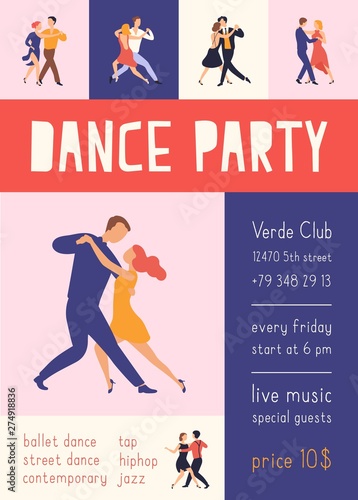 Flyer or poster template with elegant people dancing Argentine tango for dance party or festival advertisement. Modern flat cartoon colorful vector illustration for promotion of choreography event.