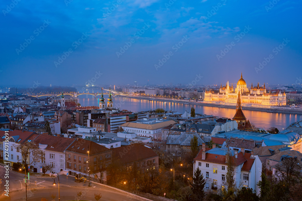 Night aerial view of Budapest cityscape with Hungarian Parliament Building