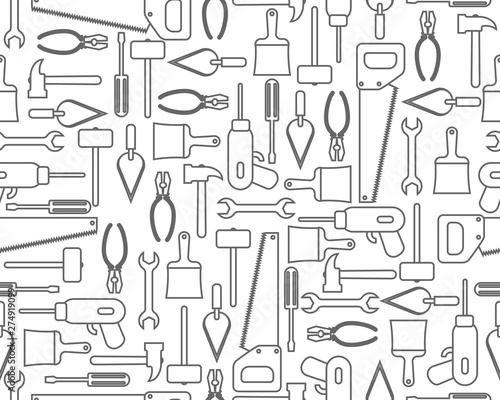Seamless pattern of icons industrial equipment or construction tools in outline style 