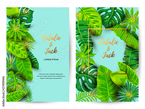 Wedding invitation set with exotic leaves. Vector illustration tropical template. Place for text. Great for flyer, party invitation, ecological concept, wedding. Save the date card.