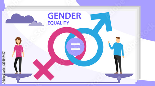 Gender equality vector illustration. Flat tiny persons with sex symbol concept. Gender equality infographic template. Business gender equality vector