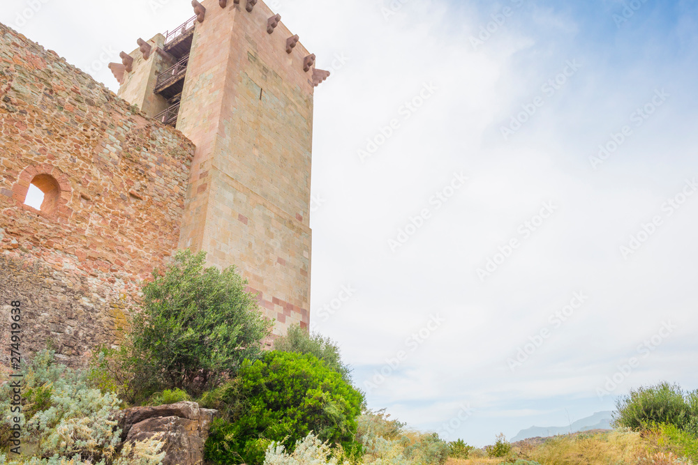 Castle on a hill towering over the town of Bosa in sunlight in spring Castle on a hill towering over the town of Bosa in sunlight in spring