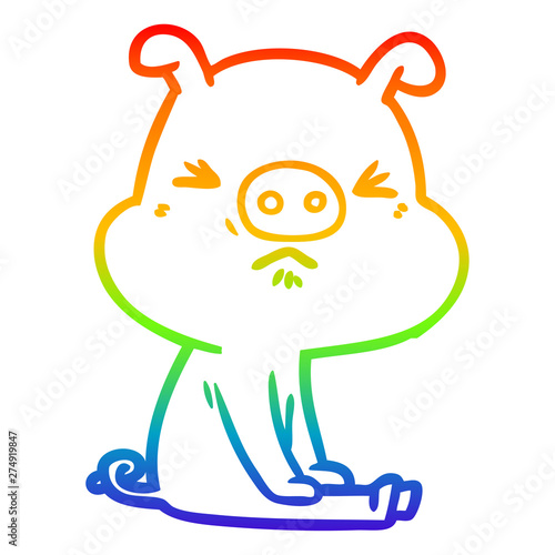 rainbow gradient line drawing cartoon angry pig sat waiting