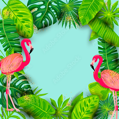 Pink flamingos and exotic palm leaves. Summer background vector illustration. Place for your text. Seasonal template for vacation, poster, banner, flyer, invitation, pool party. Vector illustration.